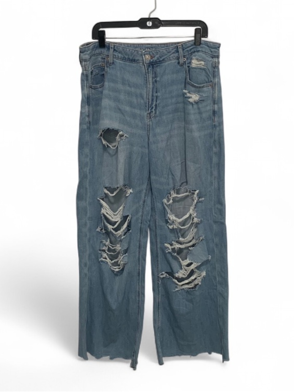 American Eagle Super High Rise Baggy Wide Leg Light Blue Distressed Jeans